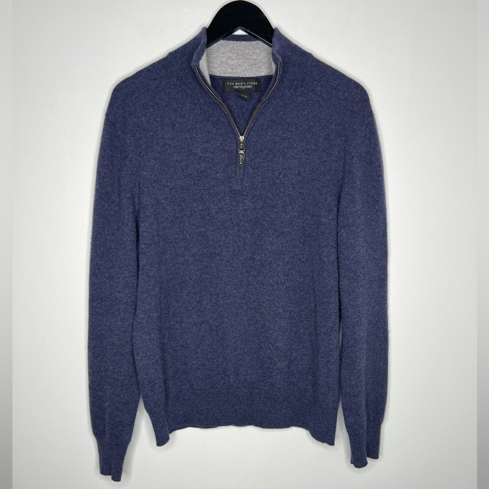 Bloomingdale’s 100% Cashmere 1/4 Zip Sweater Mens Blue Pullover Luxury Knit